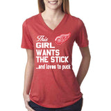 This Girl Likes the Stick and loves to puck Detroit Red Wings Ladies Vneck t-shirt